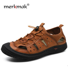 Load image into Gallery viewer, Merkmak Summer Men's Sandals Genuine Leather Casual Shoes Men's Breathable Design Outdoor Beach Sandals Roman Water Sneakers
