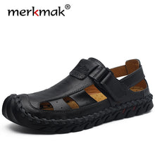 Load image into Gallery viewer, Merkmak 2020 Summer Leather Men Sandals Fashion Breathable Male Flats ComfortableSoft Men's Beach Slippers Casual Shoes For Man