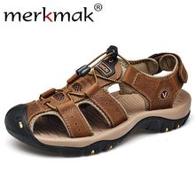 Load image into Gallery viewer, Merkmak Men Shoes Genuine Leather Summer Men Sandals Elastic Band Man Shoes Beach Sandals Men's Outdoor Casual Big Size 47 Flat
